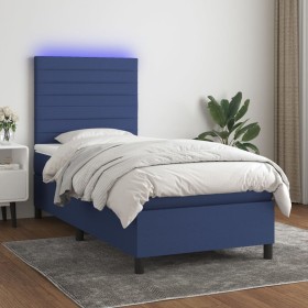 Letto a Molle con Materasso e LED Blu 90x190 cm in Tessuto