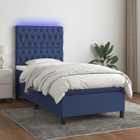 Letto a Molle con Materasso e LED Blu 90x190 cm in Tessuto