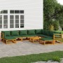 Set Salotto da Giardino 11pz con Cuscini Verdi Legno Massello