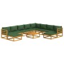 Set Salotto da Giardino 11pz con Cuscini Verdi Legno Massello