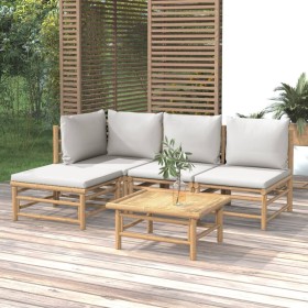 Set Salotto da Giardino 5pz con Cuscini Grigio Chiaro Bambù