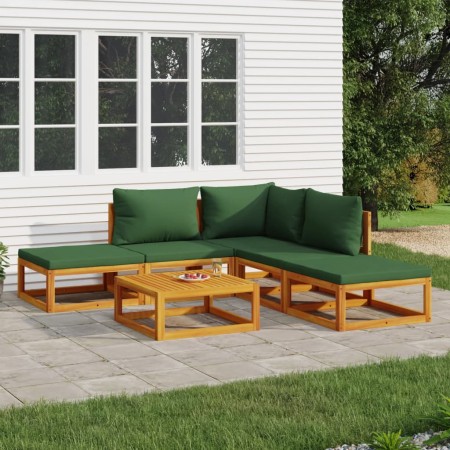 Set Salotto da Giardino 6pz con Cuscini Verdi in Legno Massello