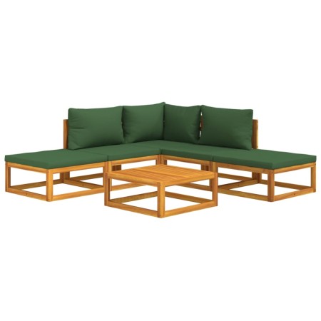 Set Salotto da Giardino 6pz con Cuscini Verdi in Legno Massello