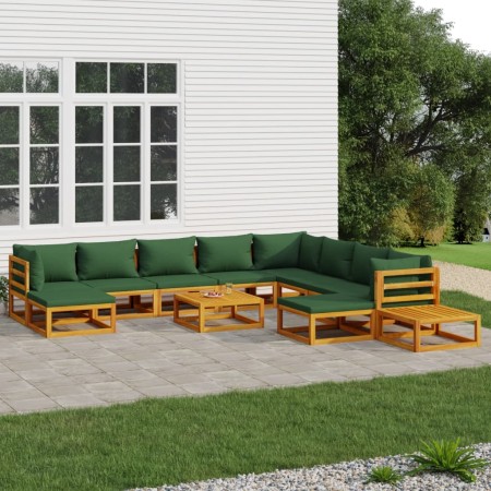 Set Salotto da Giardino 12pz con Cuscini Verdi Legno Massello