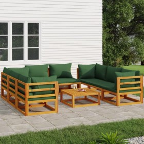 Set Salotto da Giardino 9pz con Cuscini Verdi in Legno Massello