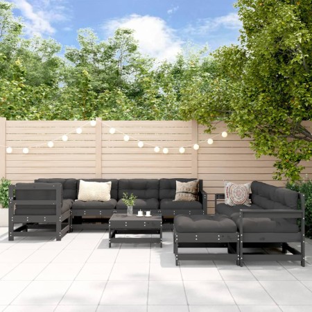 Set Divani da Giardino 10 pz con Cuscini Legno Massello Grigio