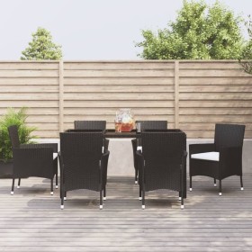 Set da Pranzo da Giardino 7 pz Nero con Cuscini in Polyrattan