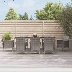 Set da Pranzo da Giardino 9 pz con Cuscini in Polyrattan Grigio