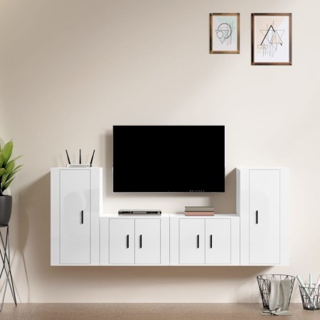 Set di Mobili Porta TV 4 pz Bianco Lucido in Legno Multistrato