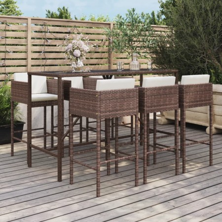 Set Bar da Giardino 7 pz con Cuscini in Polyrattan Marrone