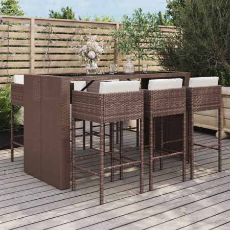 Set Bar da Giardino 7 pz con Cuscini in Polyrattan Marrone