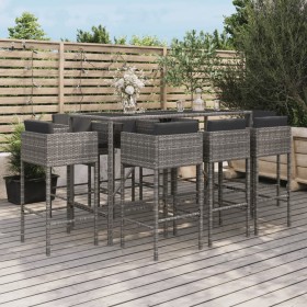 Set Bar da Giardino 9 pz con Cuscini in Polyrattan Grigio