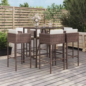 Set Bar da Giardino 7 pz con Cuscini in Polyrattan Marrone