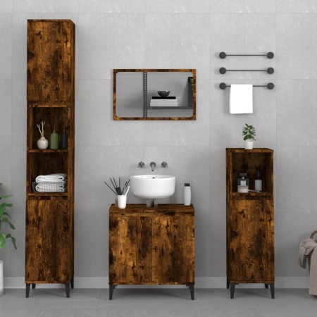 Set Mobili da Bagno 3 pz Rovere Fumo in Legno Multistrato