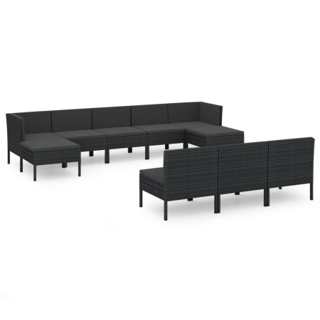 Set Divani da Giardino 10 pz con Cuscini in Polyrattan Nero