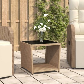 Tavolino con Piano Vetro Beige in Polyrattan e Vetro Temperato