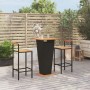 Set Bar Giardino 3 pz Nero Polyrattan e Legno Massello Acacia