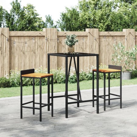 Set Bar Giardino 3 pz Nero Polyrattan e Legno Massello Acacia