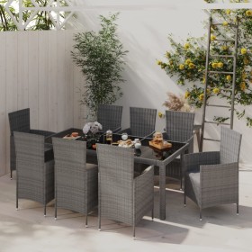 Set da Pranzo da Esterno 9 pz con Cuscini in Polyrattan Grigio