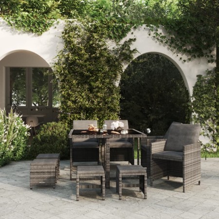 Set Pranzo da Giardino 9 pz con Cuscini in Polyrattan Grigio