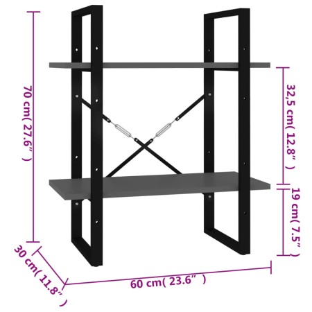 Libreria a 2 Ripiani Grigia 60x30x70 cm in Legno Multistrato