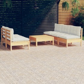 Set Divani da Giardino 6 pz con Cuscini Crema Massello di Pino