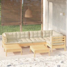 Set Divani da Giardino 7 pz con Cuscini Crema in Massello di Pino