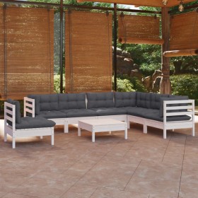 Set Divani da Giardino 8 pz con Cuscini Bianchi Legno di Pino