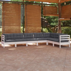 Set Divani da Giardino 7 pz con Cuscini Bianchi Legno di Pino