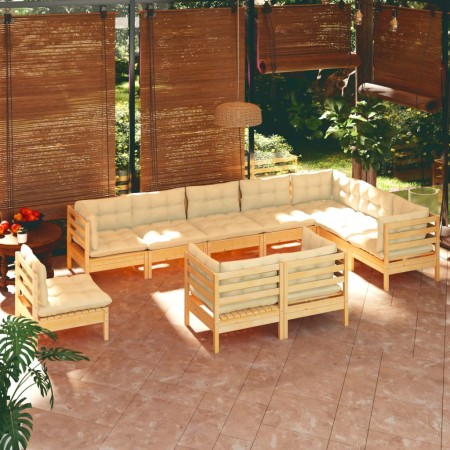 Set Divani da Giardino 10 pz con Cuscini Crema in Massello di Pino