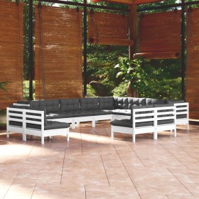 Set Divani da Giardino 12 pz con Cuscini Bianchi Legno di Pino