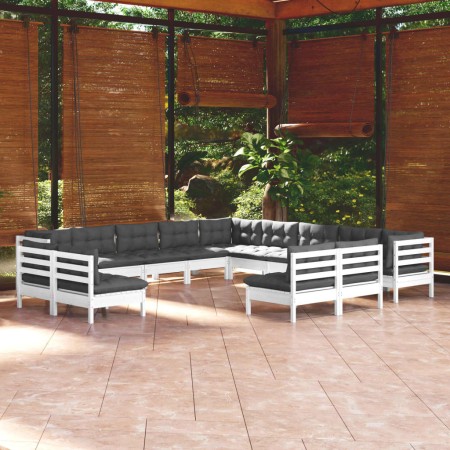 Set Divani da Giardino 13 pz con Cuscini Bianchi Legno di Pino