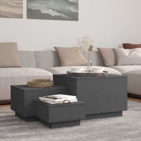 Contenitori Portaoggetti Coperchi 3pz Grigi Legno Massello Pino