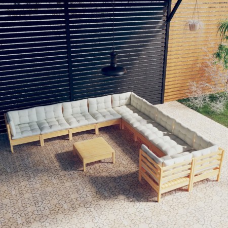 Set Divani da Giardino 11 pz con Cuscini Crema Massello di Pino