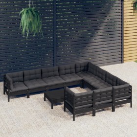 Set Divani da Giardino 11 pz con Cuscini Neri Massello di Pino