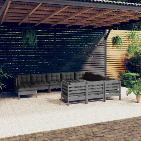 Set Divani da Giardino 11pz con Cuscini Massello di Pino Grigio