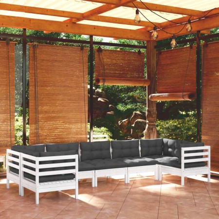 Set Divani da Giardino 7 pz con Cuscini Bianchi Legno di Pino