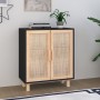 Credenza Nera 60x30x70 cm Legno Massello Pino e Rattan Naturale