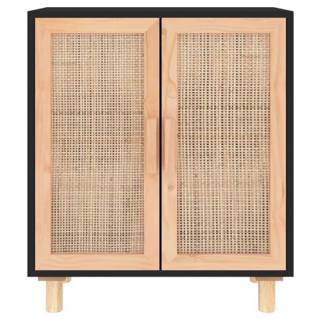 Credenza Nera 60x30x70 cm Legno Massello Pino e Rattan Naturale