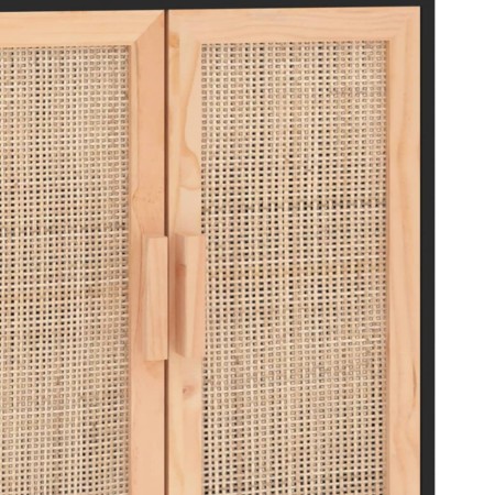 Credenza Nera 60x30x70 cm Legno Massello Pino e Rattan Naturale