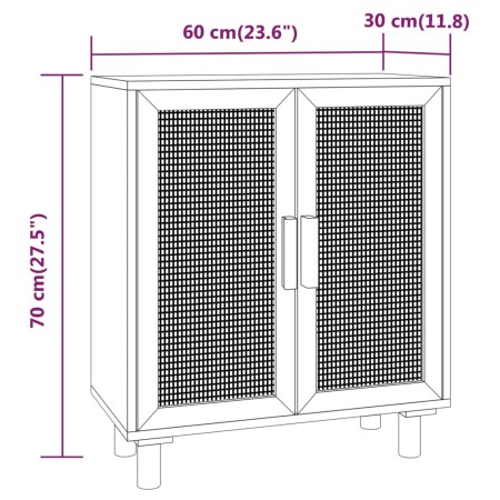 Credenza Nera 60x30x70 cm Legno Massello Pino e Rattan Naturale