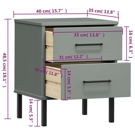 Comodino con Gambe in Metallo Grigio Legno Massello Pino OSLO