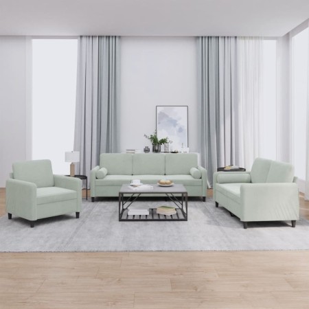 Set di Divani 3 pz con Cuscini Grigio Chiaro in Velluto