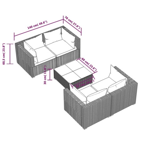 Set Divani da Giardino 5 pz con Cuscini in Polyrattan Grigio