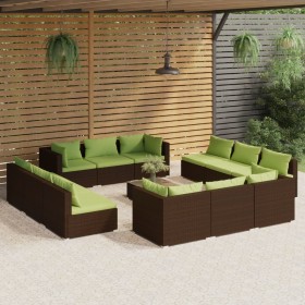 Set Divani da Giardino 13 pz con Cuscini in Polyrattan Marrone