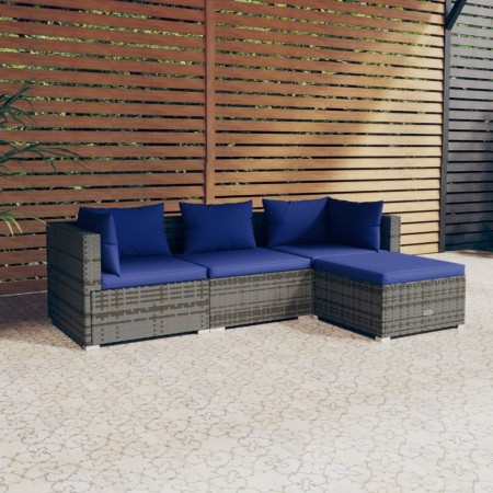 Set Divani da Giardino 4 pz con Cuscini in Polyrattan Grigio