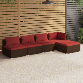 Set Divani da Giardino 5 pz con Cuscini in Polyrattan Marrone