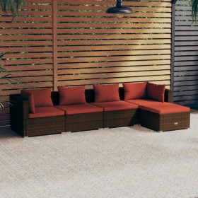 Set Divani da Giardino 5 pz con Cuscini in Polyrattan Marrone