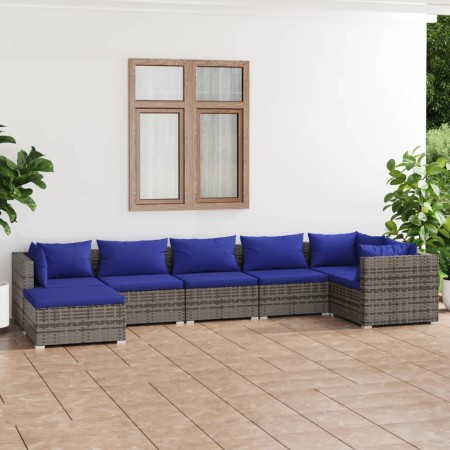 Set Divani da Giardino 7 pz con Cuscini in Polyrattan Grigio