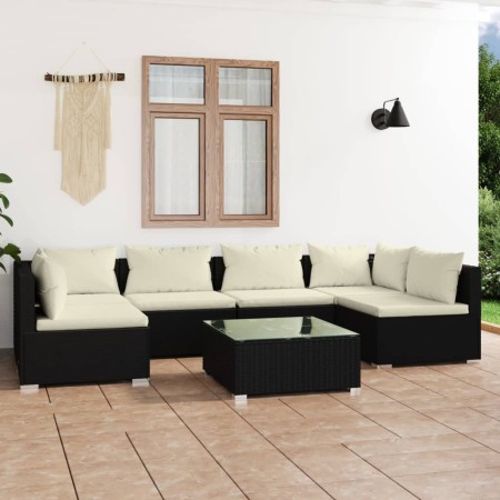 Set Salotto da Giardino 7 pz con Cuscini in Polyrattan Nero